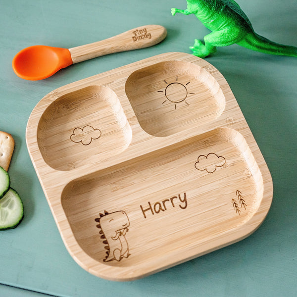 Buy Personalised Dinosaur Bamboo Suction Plate & Spoon available now at www.giftsfinder.co.uk