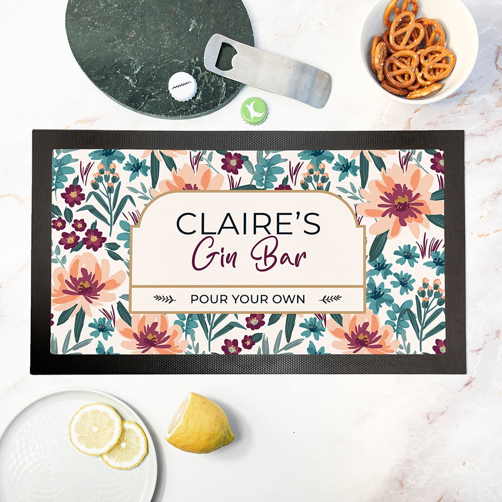 Personalised Floral Gin Bar Mat in gift category Personalised Bar Mats