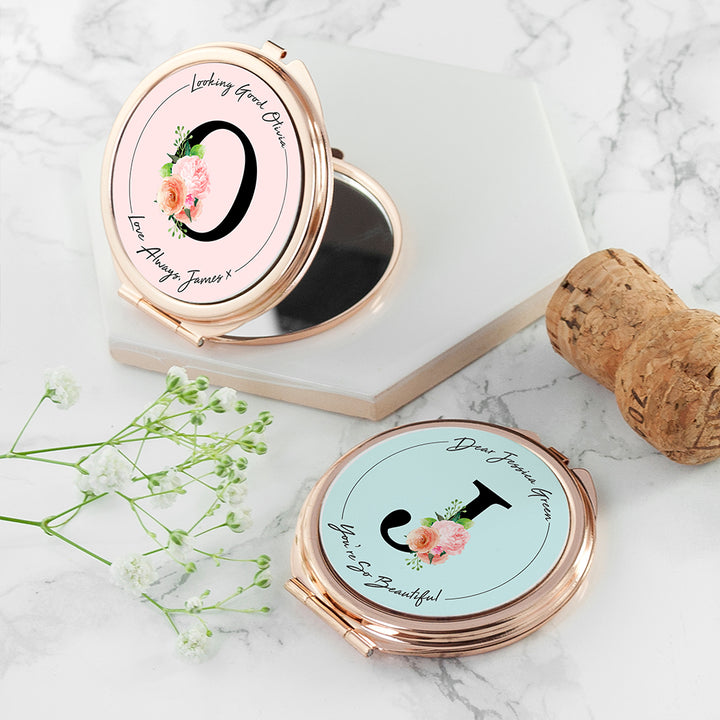 Personalised Floral Initial Rose Gold Compact Mirror in gift category Personalised Compact Mirrors