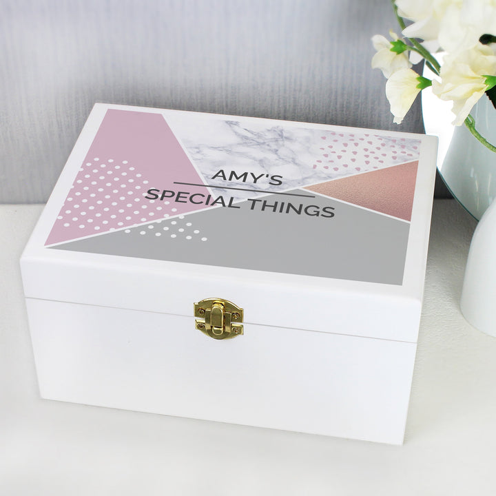 Buy Personalised Geometric White Wooden Keepsake Box available now at www.giftsfinder.co.uk