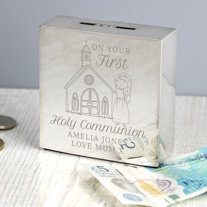 Buy Personalised Girls First Holy Communion Square Money Box available now at www.giftsfinder.co.uk