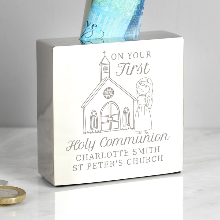 Buy Personalised Girls First Holy Communion Square Money Box available now at www.giftsfinder.co.uk