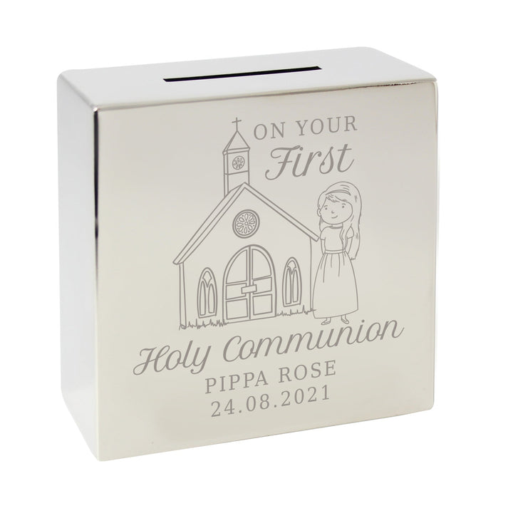 Buy Personalised Girls First Holy Communion Square Money Box available now at www.giftsfinder.co.uk