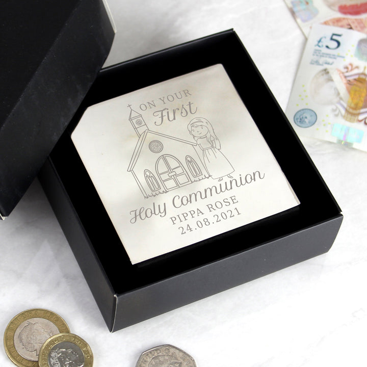 Buy Personalised Girls First Holy Communion Square Money Box available now at www.giftsfinder.co.uk