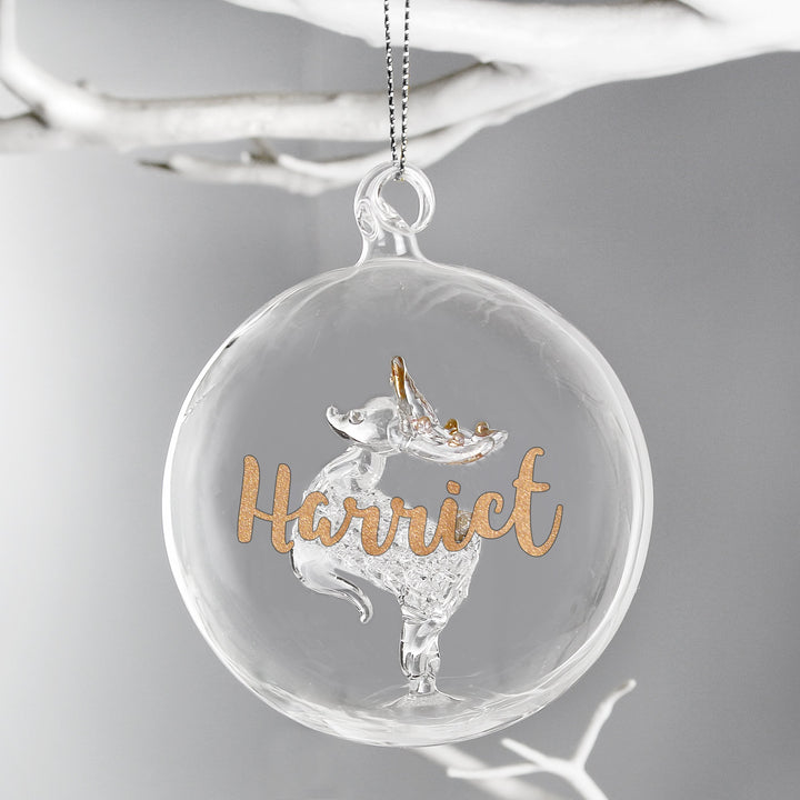 Buy Personalised Gold Glitter Name Only Reindeer Glass Bauble available now at www.giftsfinder.co.uk