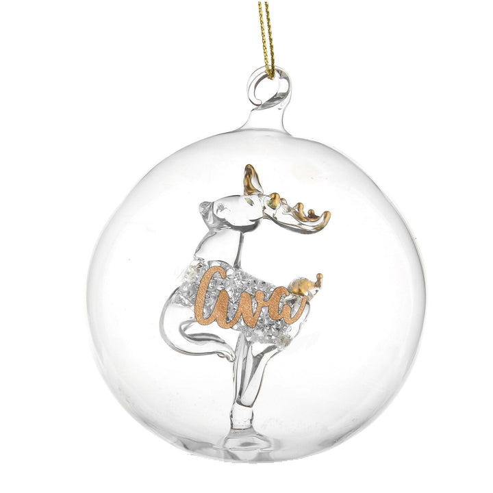 Buy Personalised Gold Glitter Name Only Reindeer Glass Bauble available now at www.giftsfinder.co.uk