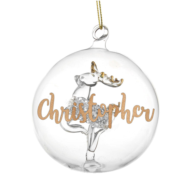 Buy Personalised Gold Glitter Name Only Reindeer Glass Bauble available now at www.giftsfinder.co.uk