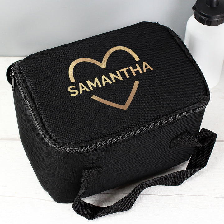 Buy Personalised Gold Heart Black Lunch Bag available now at www.giftsfinder.co.uk