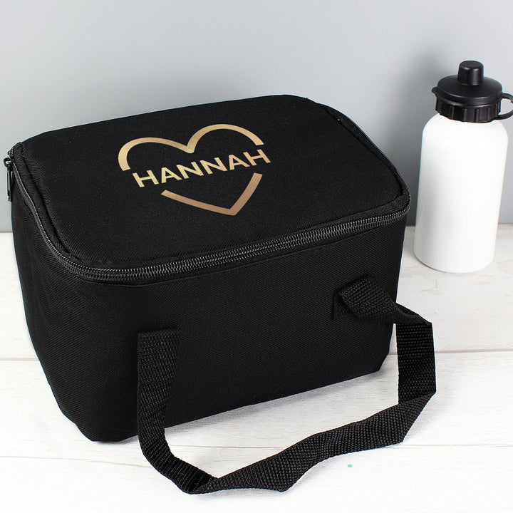 Buy Personalised Gold Heart Black Lunch Bag available now at www.giftsfinder.co.uk