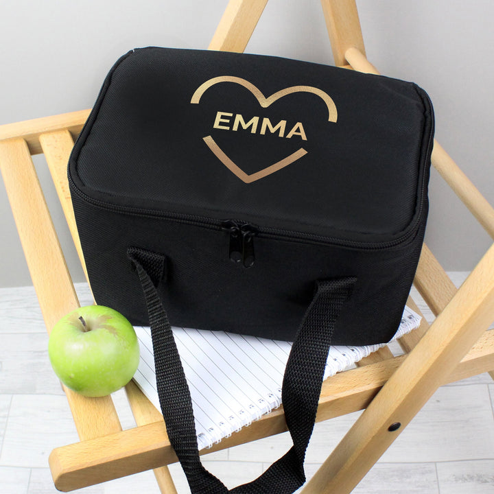 Buy Personalised Gold Heart Black Lunch Bag available now at www.giftsfinder.co.uk