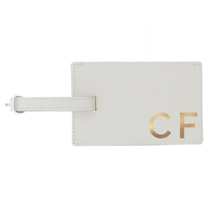 Buy Personalised Gold Initials Cream Luggage Tag available now at www.giftsfinder.co.uk