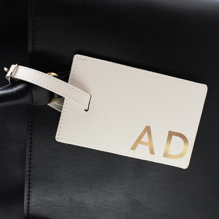 Buy Personalised Gold Initials Cream Luggage Tag available now at www.giftsfinder.co.uk