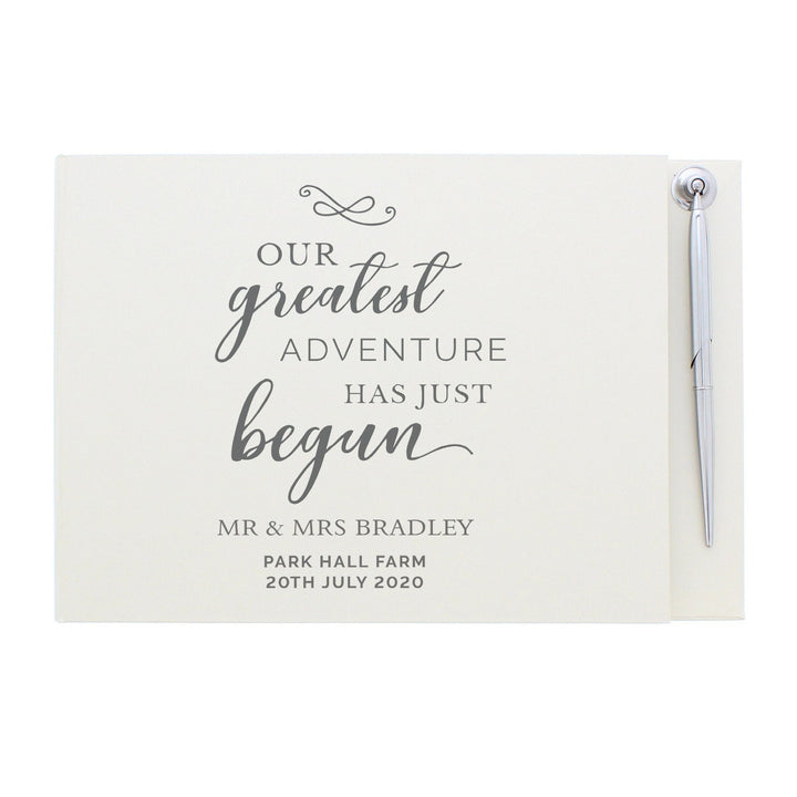 Buy Personalised Greatest Adventure Wedding Hardback Guest Book & Pen available now at www.giftsfinder.co.uk