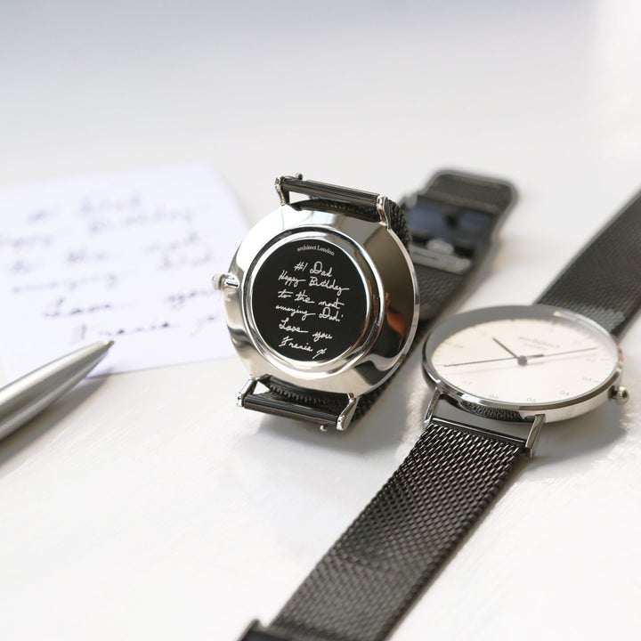 Buy Personalised Handwriting Engraved Men's Architect Zephyr Watch + Pitch Black Mesh Strap from www.giftsfinder.co.uk