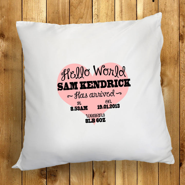 Buy Personalised Hello World New Born Cushion Cover available now at www.giftsfinder.co.uk