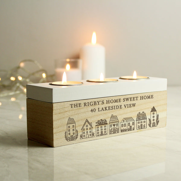 Personalised HOME Triple Tea Light Box in gift category Personalised Tea Light Holders