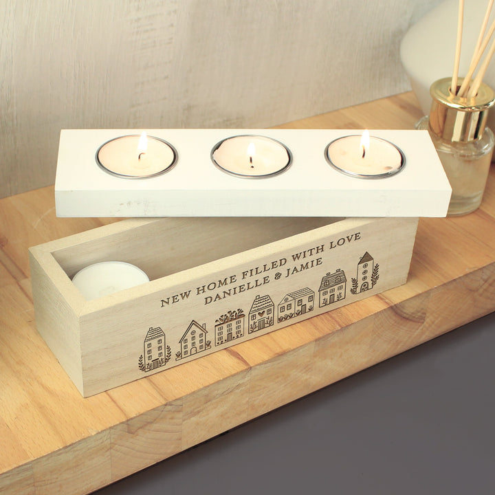 Buy Personalised HOME Triple Tea Light Box available now at www.giftsfinder.co.uk