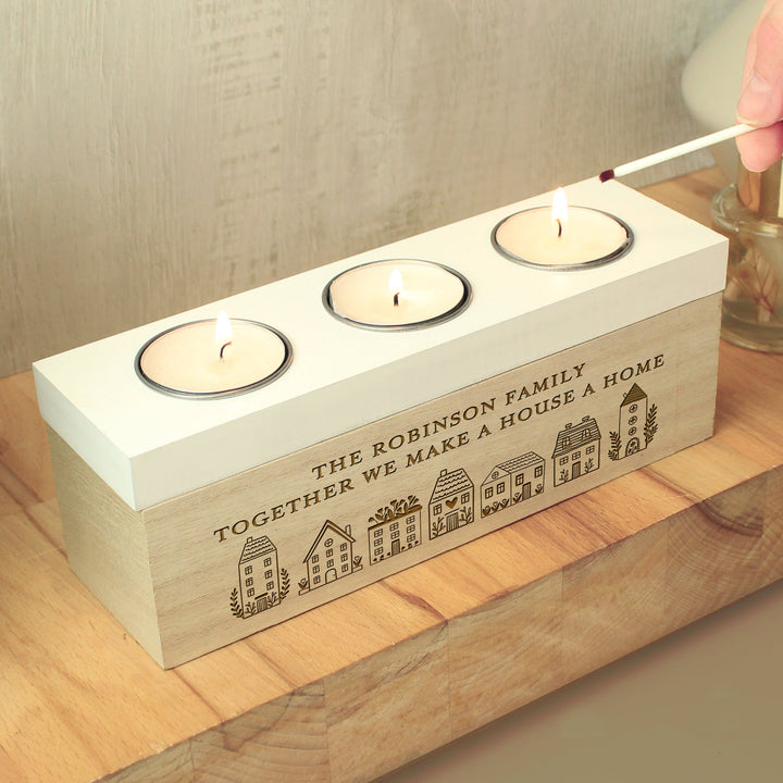 Buy Personalised HOME Triple Tea Light Box available now at www.giftsfinder.co.uk