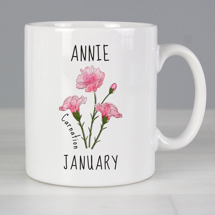 Personalised January Birth Flower - Carnation Mug - part of the Gifts Finder Personalised Mugs collection