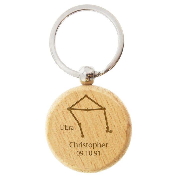 Personalised Libra Zodiac Star Sign Wooden Keyring (September 23rd - October 22nd)