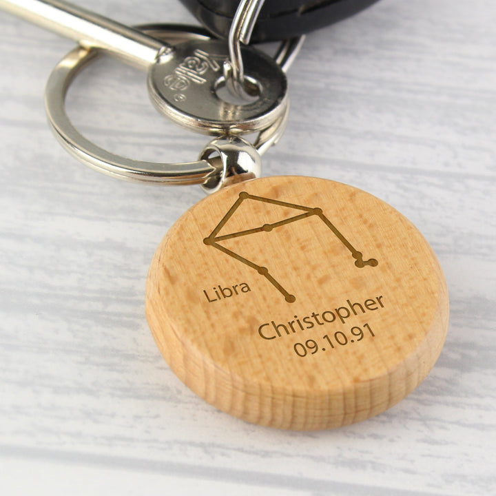 Personalised Libra Zodiac Star Sign Wooden Keyring (September 23rd - October 22nd) - part of the Gifts Finder Personalised Keyrings collection