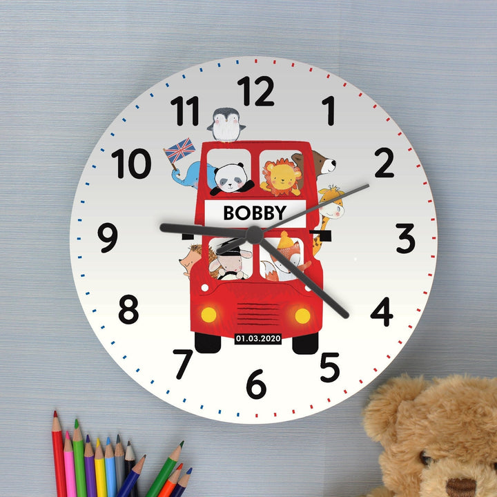 Personalised London Animal Bus Wooden Clock - part of the Gifts Finder Personalised Wooden Clocks collection