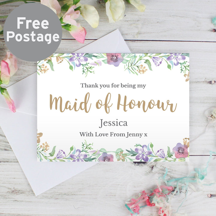 Buy Personalised Maid of Honour 'Floral Watercolour Wedding' Card available now at www.giftsfinder.co.uk