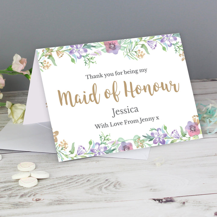 Buy Personalised Maid of Honour 'Floral Watercolour Wedding' Card available now at www.giftsfinder.co.uk