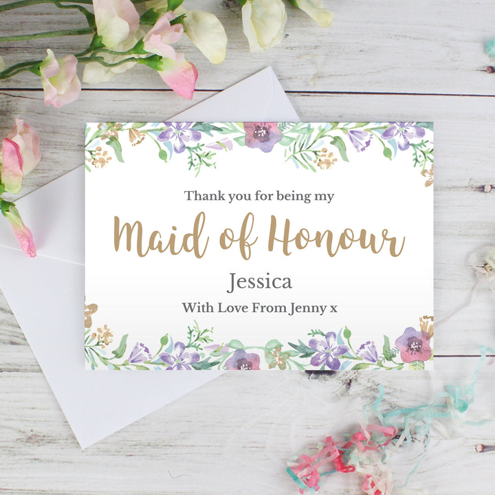 Buy Personalised Maid of Honour 'Floral Watercolour Wedding' Card available now at www.giftsfinder.co.uk