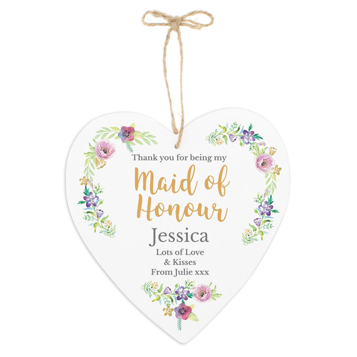 Personalised Maid of Honour 'Floral Watercolour Wedding' Large Wooden Heart Decoration