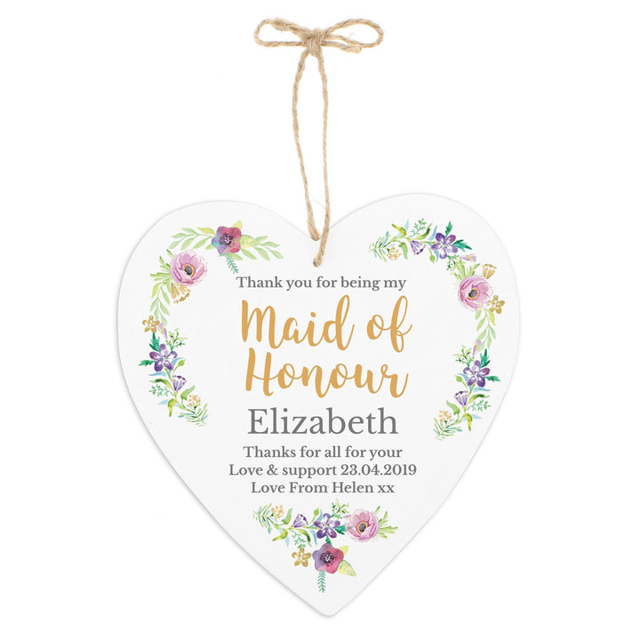 Buy Personalised Maid of Honour 'Floral Watercolour Wedding' Large Wooden Heart Decoration available now at www.giftsfinder.co.uk