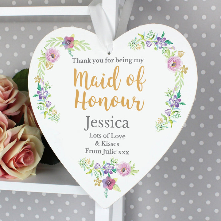 Buy Personalised Maid of Honour 'Floral Watercolour Wedding' Large Wooden Heart Decoration available now at www.giftsfinder.co.uk