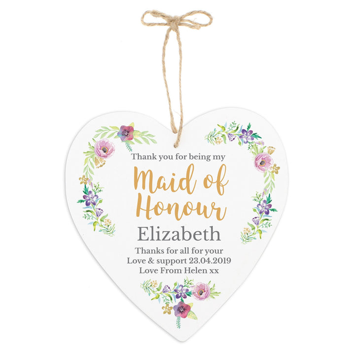 Buy Personalised Maid of Honour 'Floral Watercolour Wedding' Large Wooden Heart Decoration available now at www.giftsfinder.co.uk