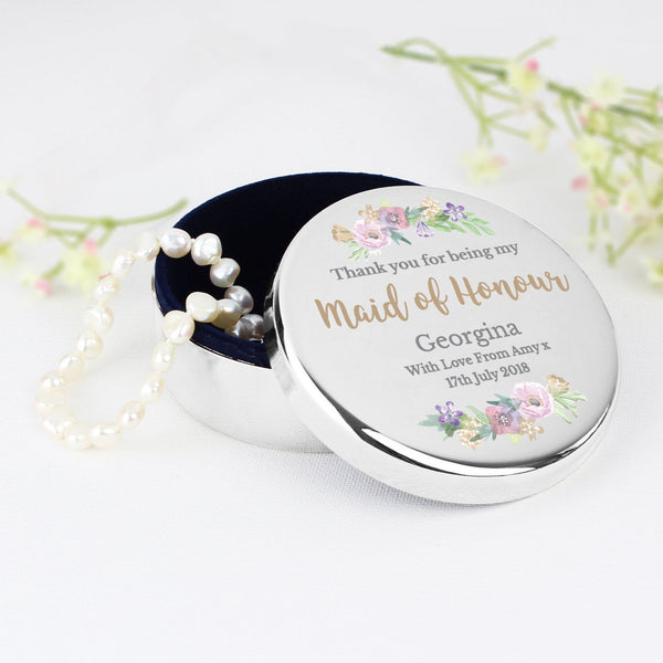 Buy Personalised Maid of Honour 'Floral Watercolour Wedding' Round Trinket Box available now at www.giftsfinder.co.uk