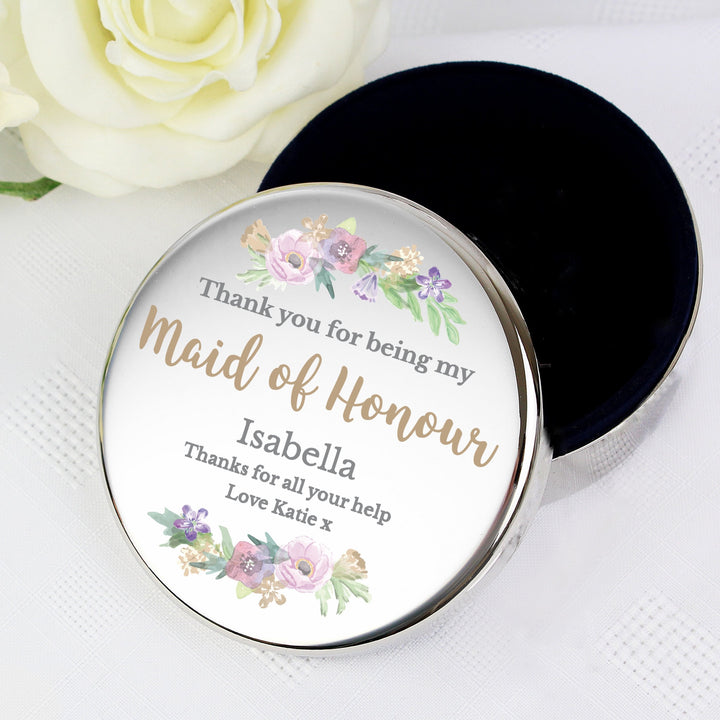 Buy Personalised Maid of Honour 'Floral Watercolour Wedding' Round Trinket Box available now at www.giftsfinder.co.uk