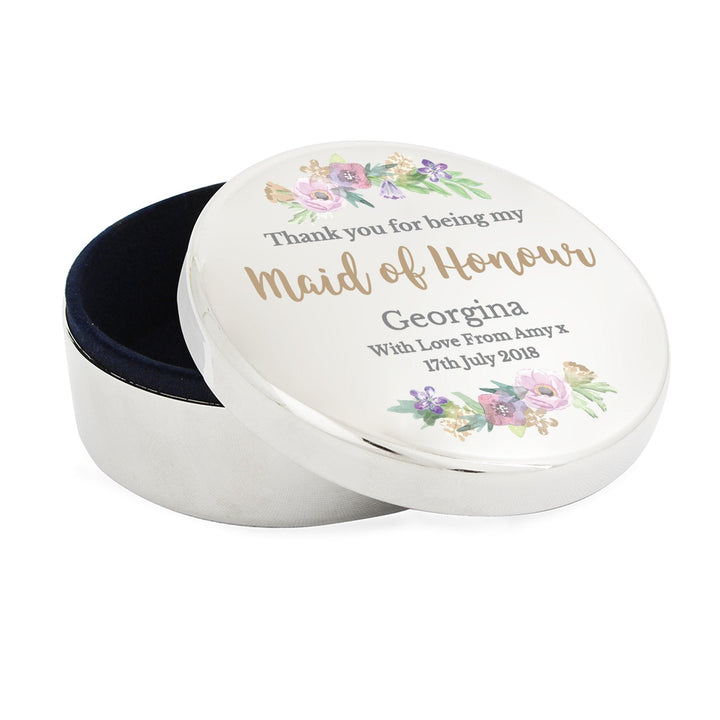 Buy Personalised Maid of Honour 'Floral Watercolour Wedding' Round Trinket Box available now at www.giftsfinder.co.uk