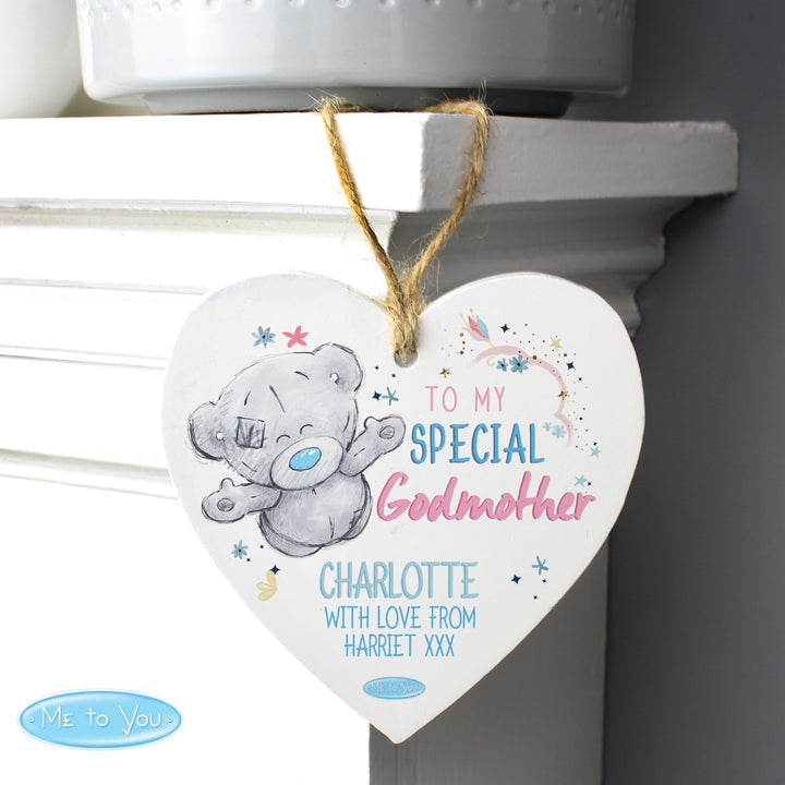 Personalised Me To You Godmother Wooden Heart Decoration - part of the Gifts Finder Personalised Heart Decorations collection