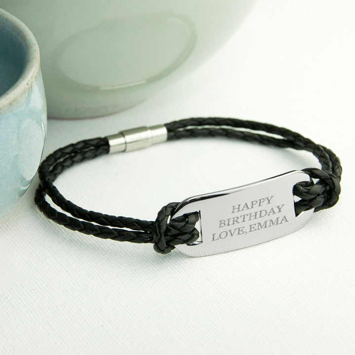 Personalised Men's Statement Leather Bracelet in Black in gift category Personalised Mens Bracelets