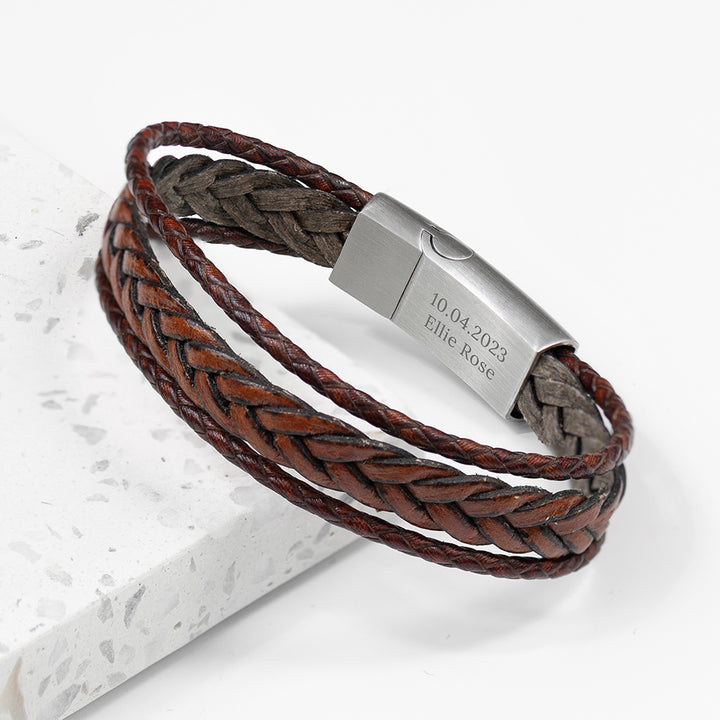 Buy Personalised Men's Woven Layered Brown Leather Bracelet available now at www.giftsfinder.co.uk