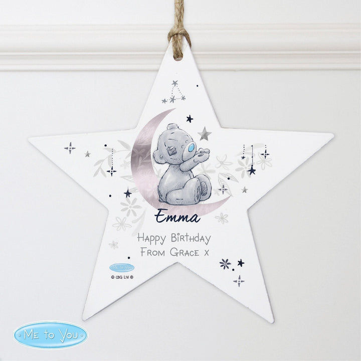 Buy Personalised Moon & Stars Me To You Wooden Star Decoration available now at www.giftsfinder.co.uk