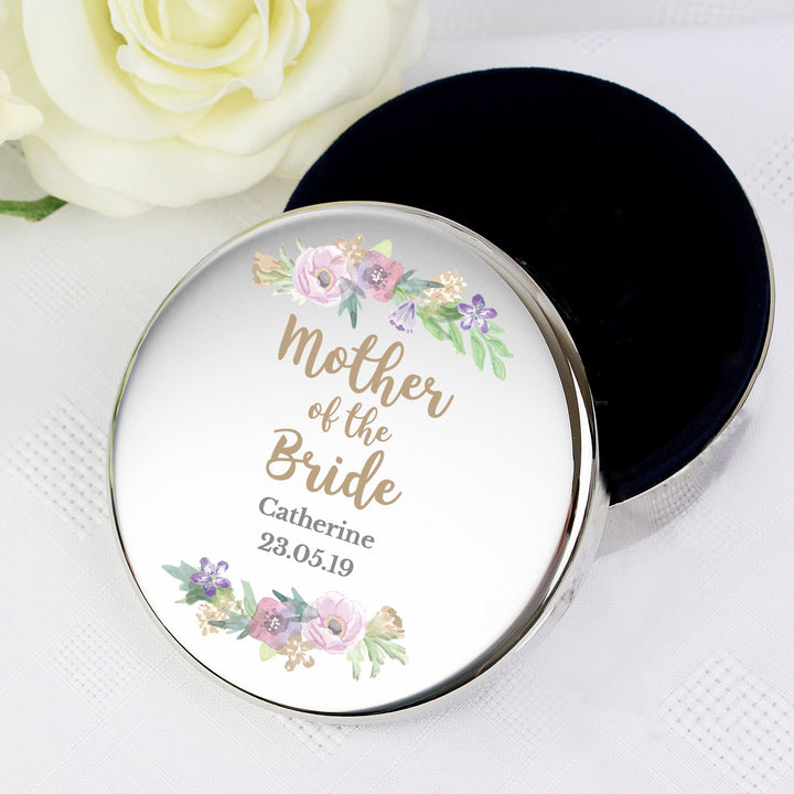 Buy Personalised Mother of the Bride 'Floral Watercolour Wedding' Round Trinket Box available now at www.giftsfinder.co.uk