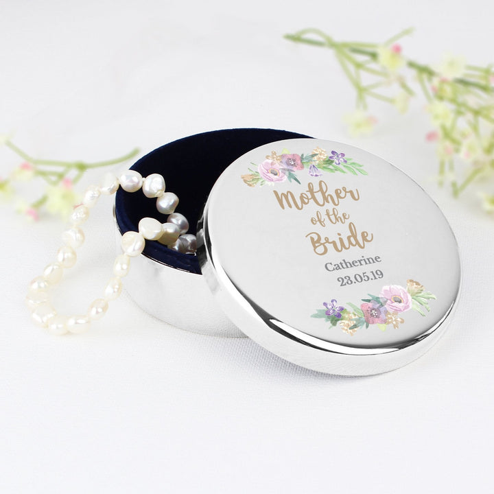 Buy Personalised Mother of the Bride 'Floral Watercolour Wedding' Round Trinket Box available now at www.giftsfinder.co.uk