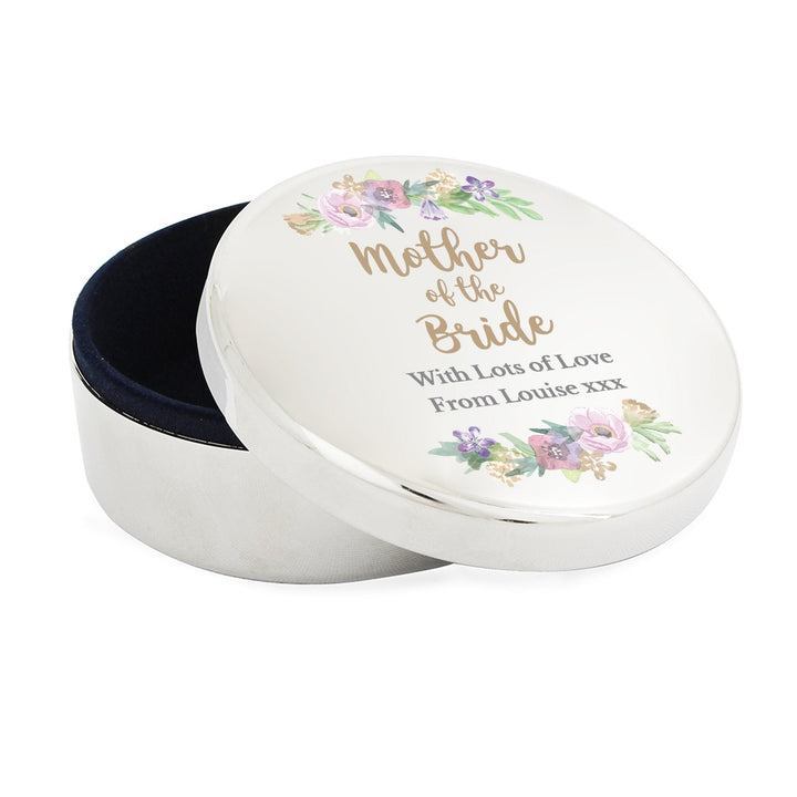 Buy Personalised Mother of the Bride 'Floral Watercolour Wedding' Round Trinket Box available now at www.giftsfinder.co.uk