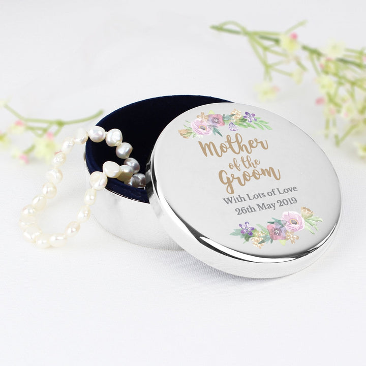 Buy Personalised Mother of the Groom 'Floral Watercolour Wedding' Round Trinket Box available now at www.giftsfinder.co.uk