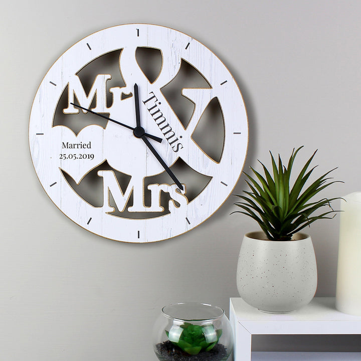 Personalised Mr & Mrs Shape Wooden Clock - part of the Gifts Finder Personalised Wooden Clocks collection