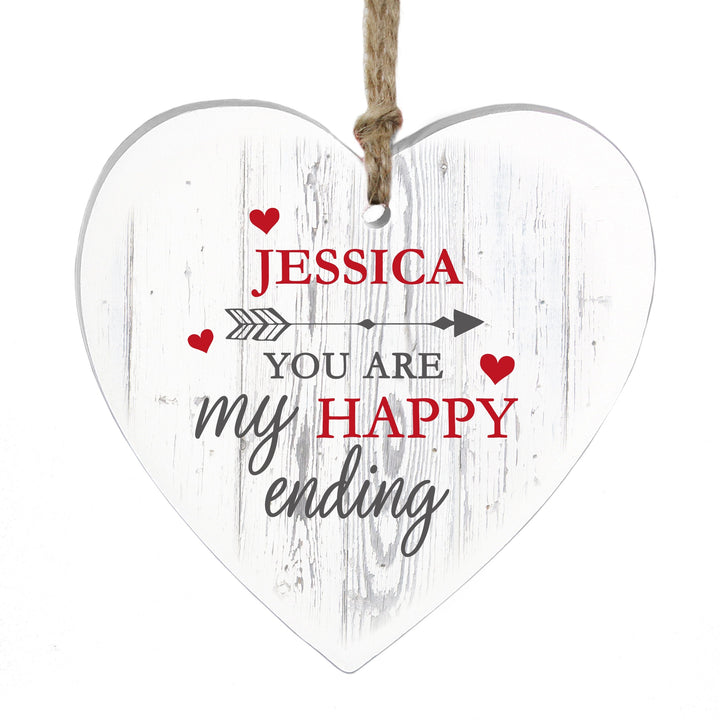 Buy Personalised My Happy Ending Wooden Heart Decoration at www.giftsfinder.co.uk