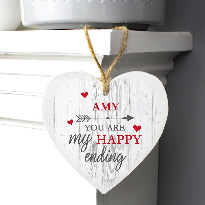 Buy Personalised My Happy Ending Wooden Heart Decoration at www.giftsfinder.co.uk