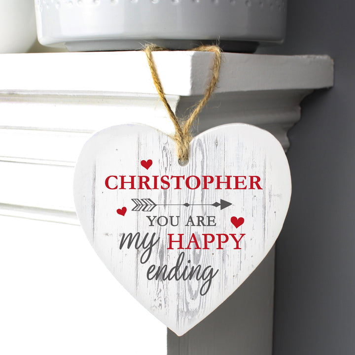 Buy Personalised My Happy Ending Wooden Heart Decoration at www.giftsfinder.co.uk