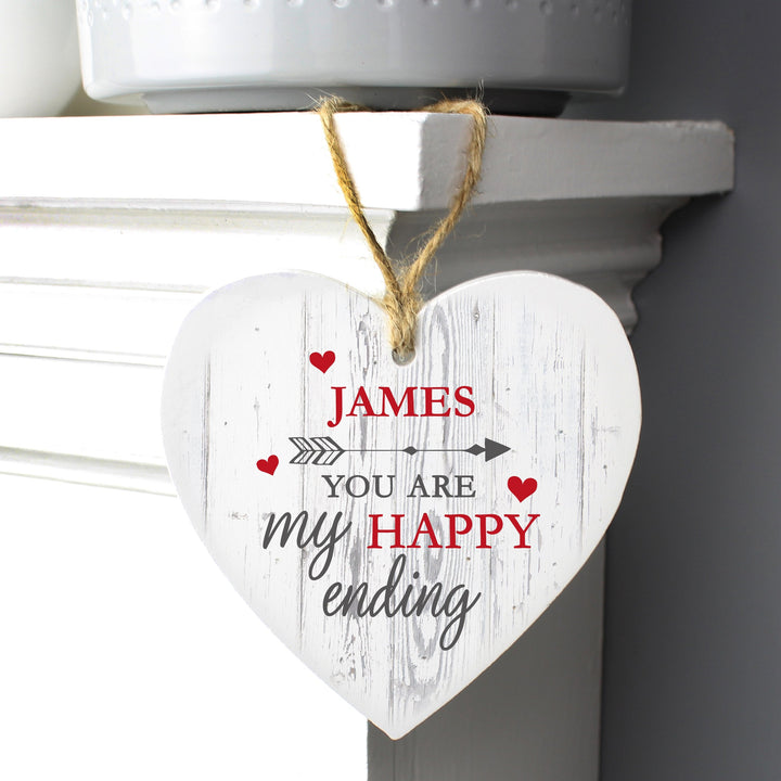 Buy Personalised My Happy Ending Wooden Heart Decoration at www.giftsfinder.co.uk