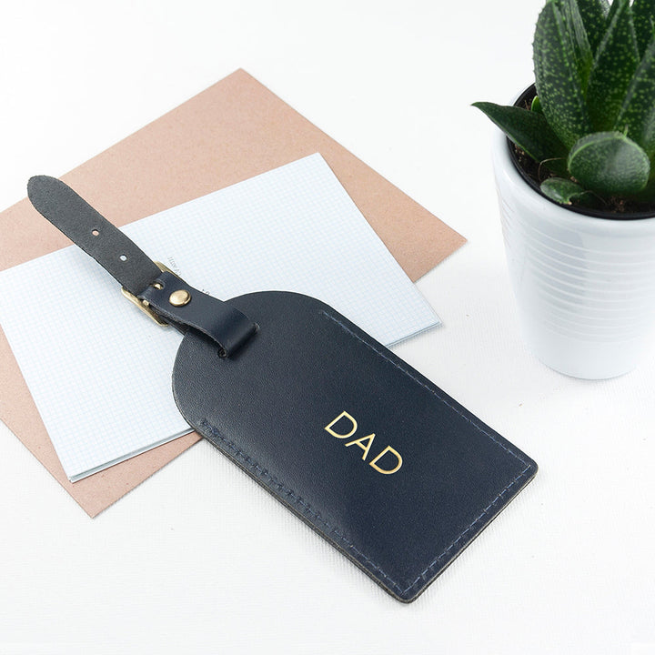 Buy Personalised Navy Foiled Leather Luggage Tag at www.giftsfinder.co.uk